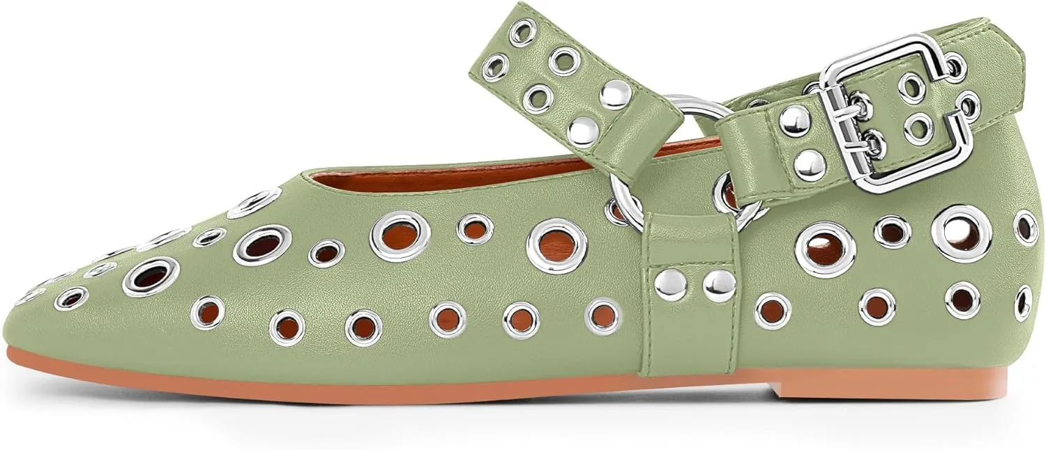 100FIXEO Women's Buckle Ballet Flats Punk Square Toe Studded Grommet Mary Jane Shoes
