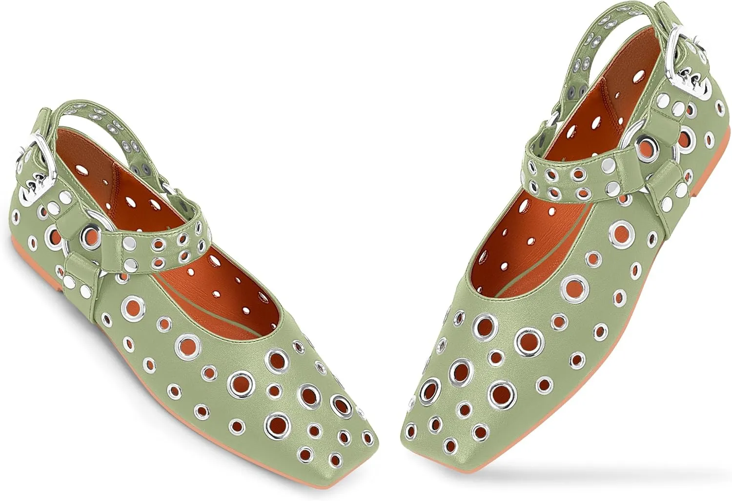 100FIXEO Women's Buckle Ballet Flats Punk Square Toe Studded Grommet Mary Jane Shoes