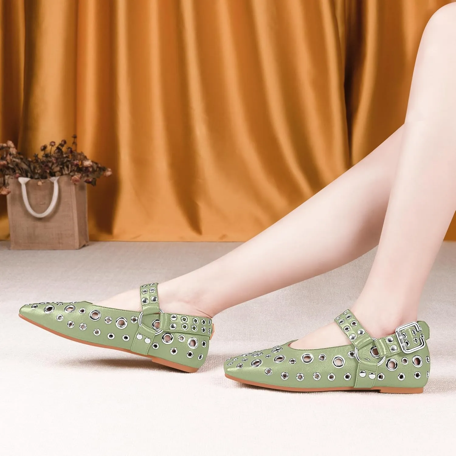 100FIXEO Women's Buckle Ballet Flats Punk Square Toe Studded Grommet Mary Jane Shoes