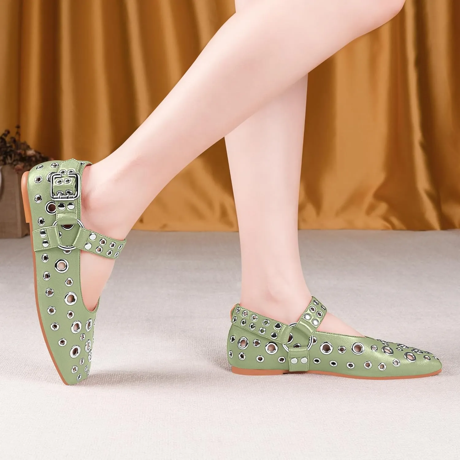 100FIXEO Women's Buckle Ballet Flats Punk Square Toe Studded Grommet Mary Jane Shoes