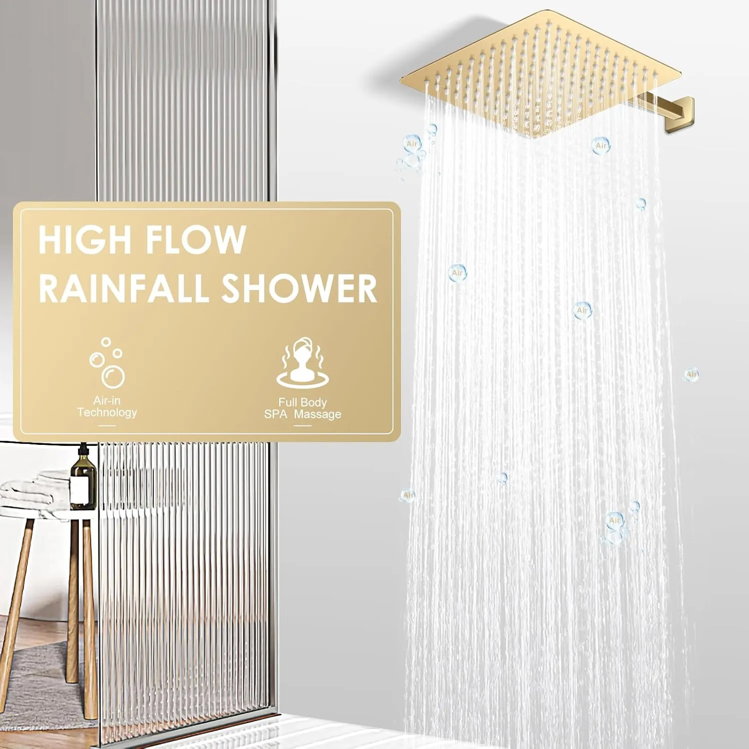 10" Brushed Gold Rain Shower Head - All Metal Stainless Steel 304, Ultra Thin Design, Modern Bathroom Square Rainfall Showerheads - Full Body Coverage Bath Shower