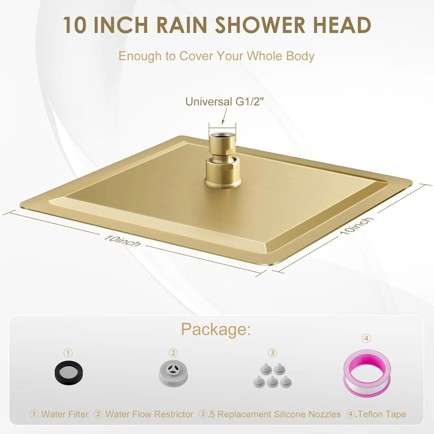 10" Brushed Gold Rain Shower Head - All Metal Stainless Steel 304, Ultra Thin Design, Modern Bathroom Square Rainfall Showerheads - Full Body Coverage Bath Shower