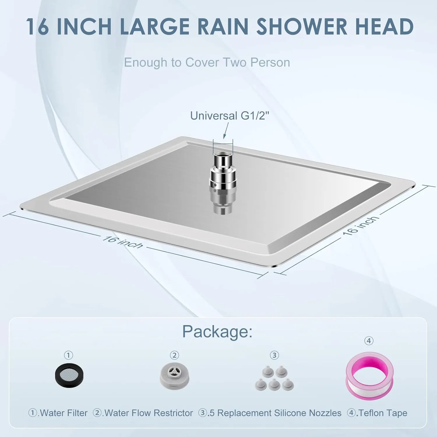 16 inch Brushed Nickel Large Rain Shower Head - All Metal 304 Stainless Steel, Full Body Rainfall Shower with 324 Silicone Nozzles - Waterfall Bathroom Square Showerheads, Ceiling Mounted