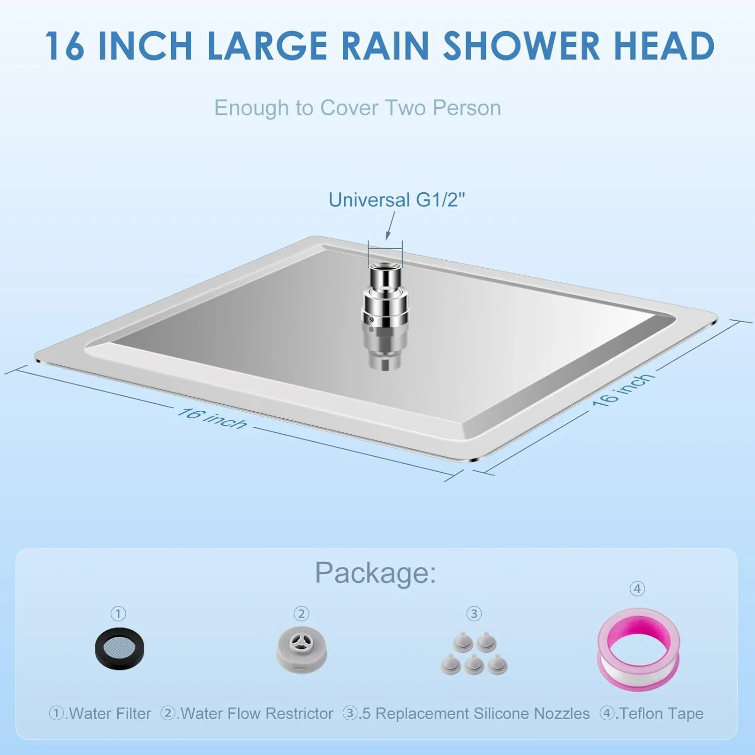 16 inch Large Rain Shower Head Ceiling Mounted - All Metal 304 Stainless Steel, Full Body Rainfall Shower with 324 Silicone Nozzles - Waterfall Bathroom Square Showerheads, Chrome Polished