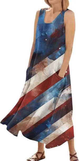 4th of July Women's Sundress Causal Outfit Patriotic Star Stripes American Flag Swing Tank Dresses USA Stars Flag