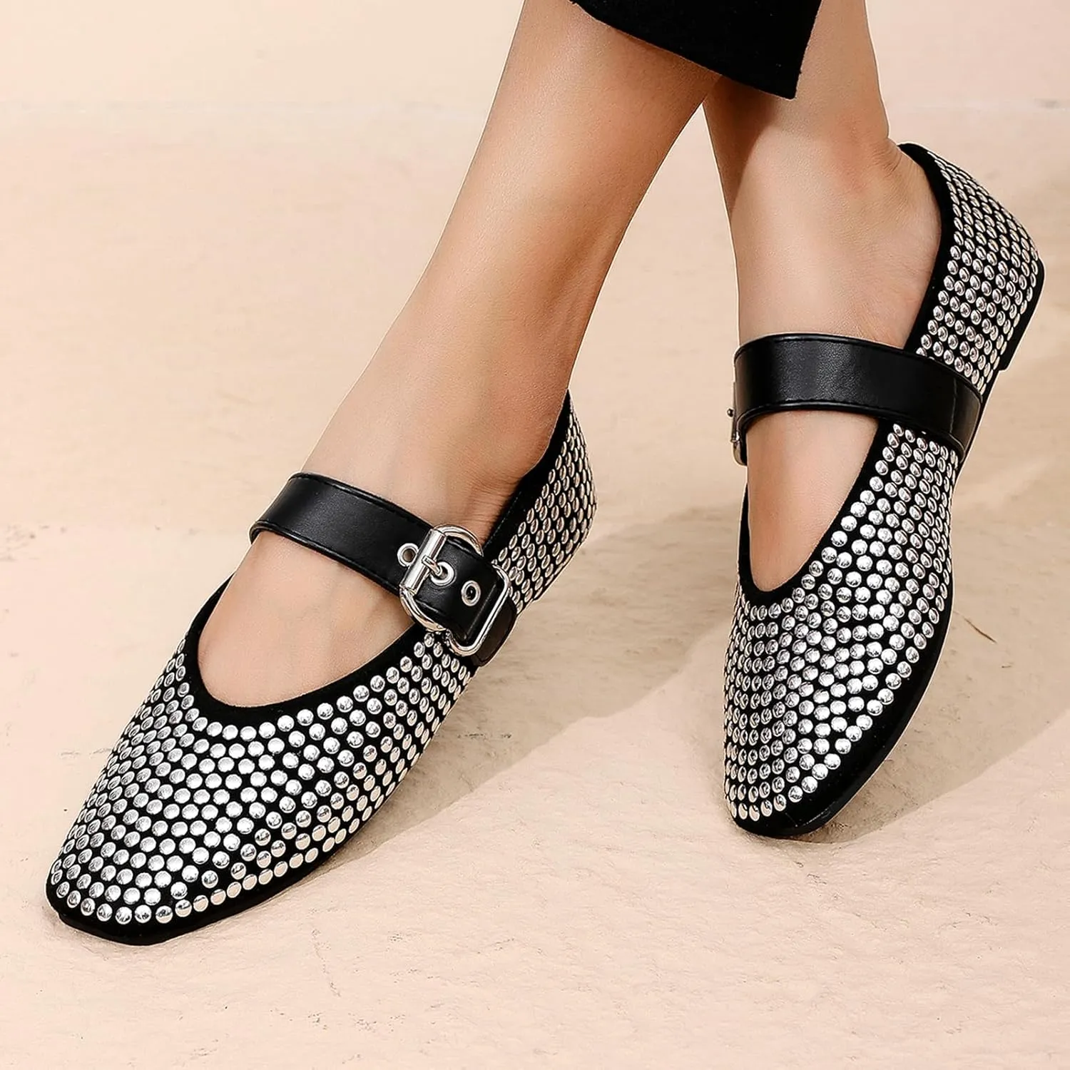 ADAMUMU Rhinestone Flats for Women Sparkly Crystals Ballerina Shoes Crystals Sparkly Mary Jane Flats Round Toe Buckle Strap Design Comfortable and Non Slip Sole Flat for Daily Wear and Work
