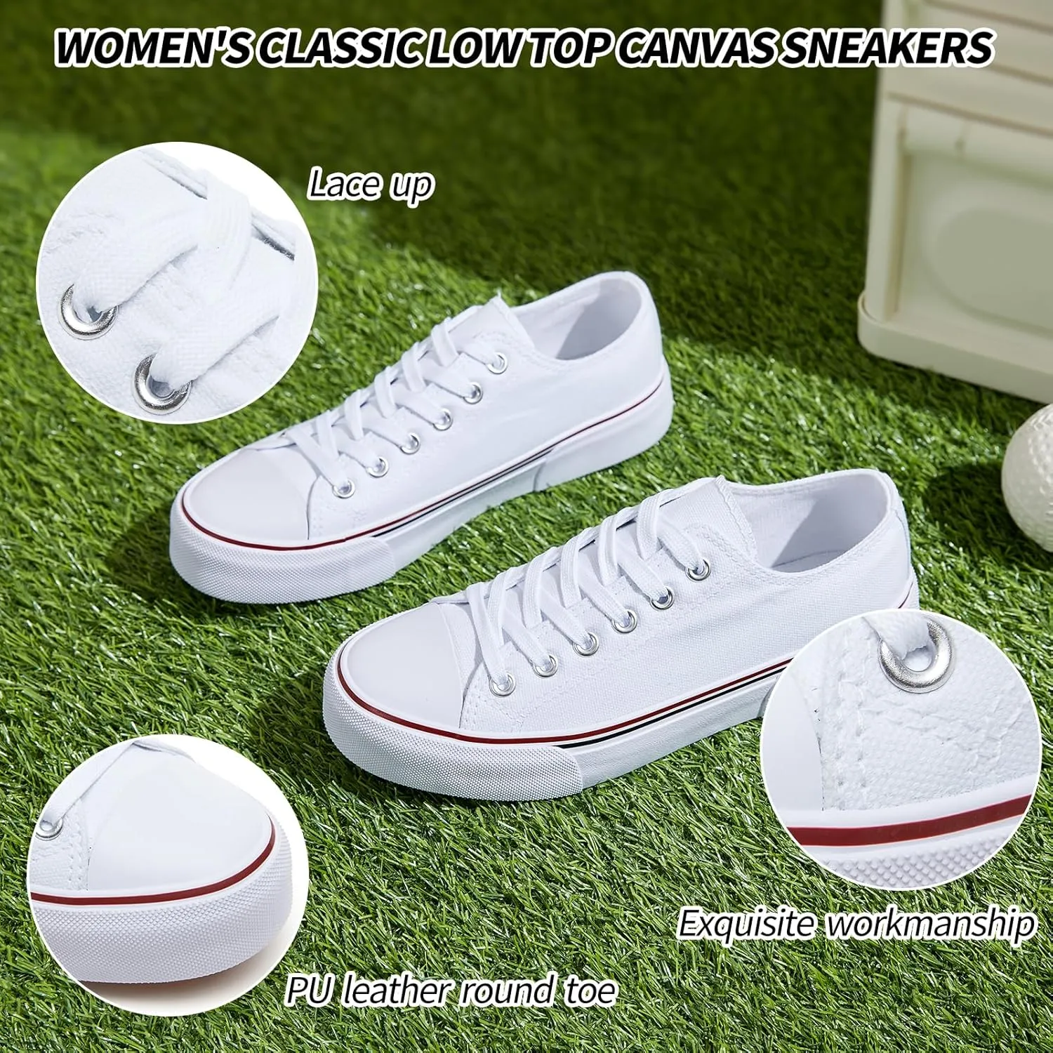 Adokoo Canvas Tennis Shoes for Women Low Top Casual White Black Sneakers for Women Lace Up Fashion Comfortable Walking Shoes