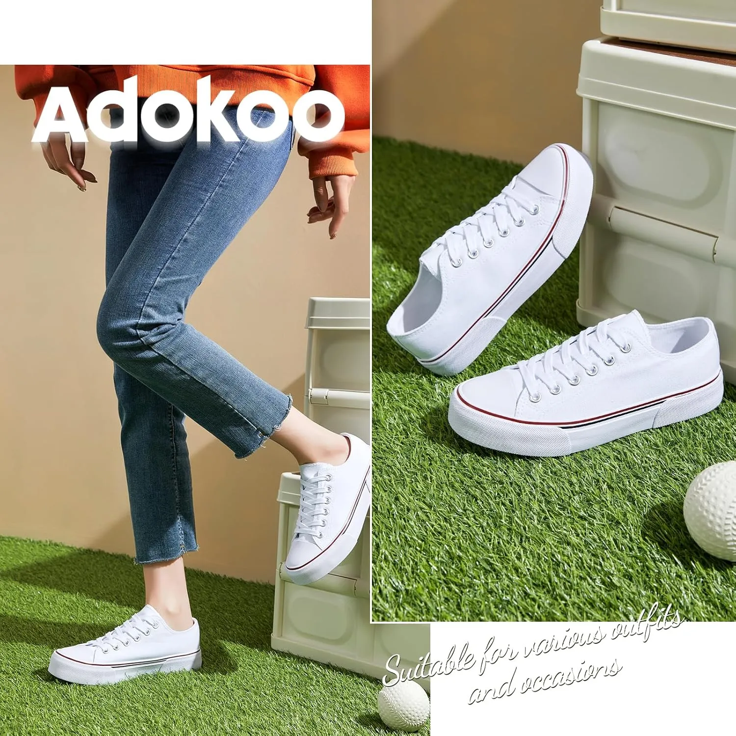 Adokoo Canvas Tennis Shoes for Women Low Top Casual White Black Sneakers for Women Lace Up Fashion Comfortable Walking Shoes