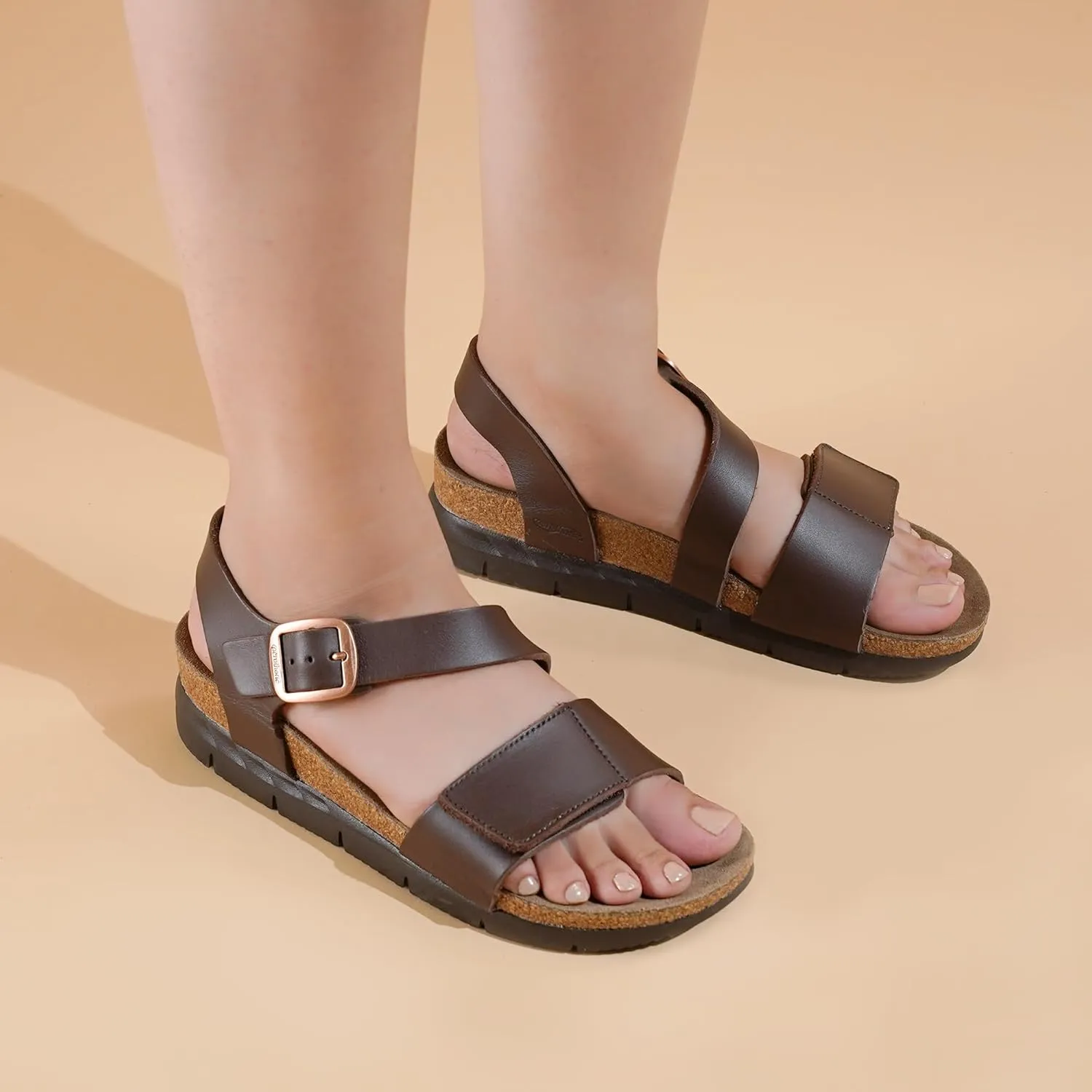 AEROTHOTIC Leather Platform Sandals with Arch Support Comfy Strap with Adjustable Buckle Slingback Open Toe Walking Indoor Outdoor Wedge Sandals for Women