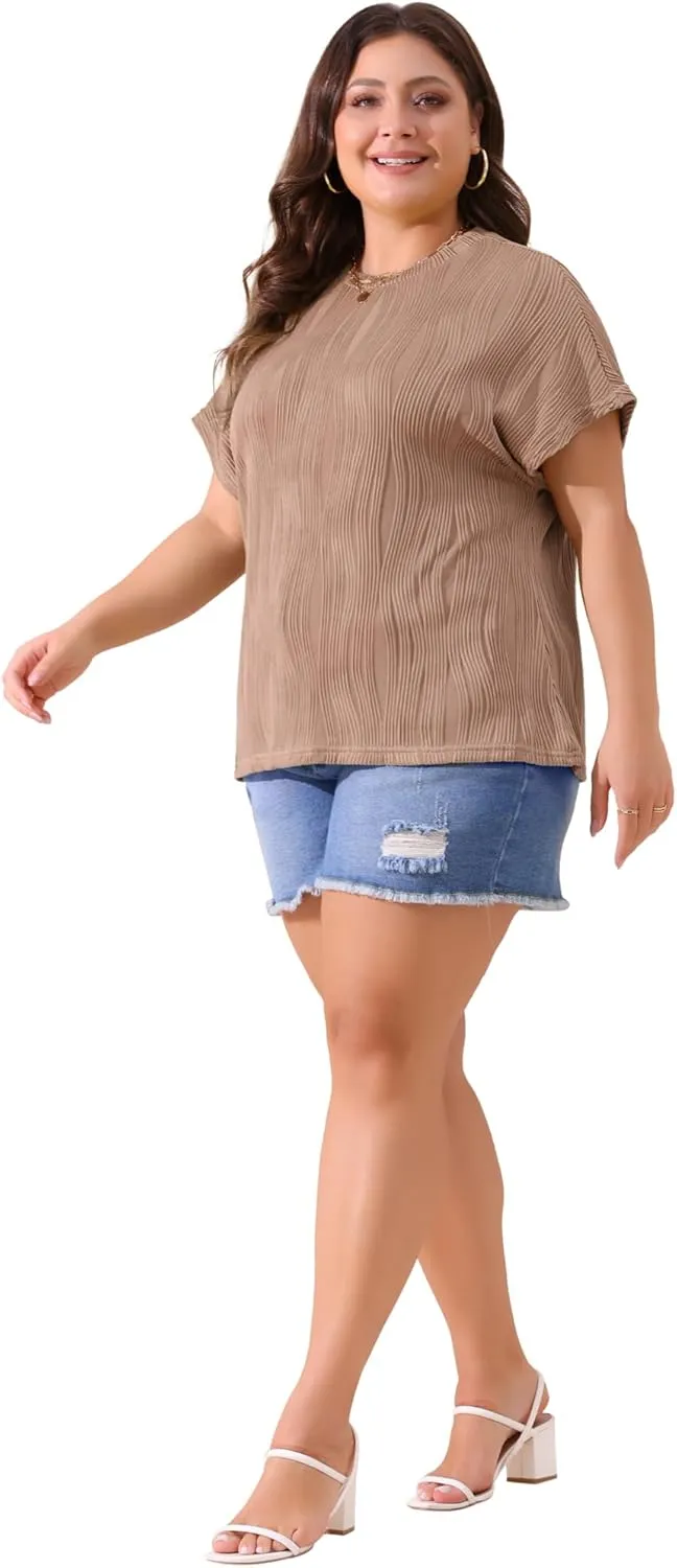 Agnes Orinda Plus Size Women's Short Sleeve Textured Tops Crewneck Solid Loose Casual Basic t Shirts Blouses Tee