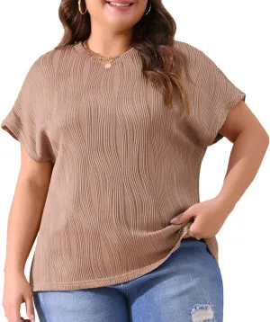 Agnes Orinda Plus Size Women's Short Sleeve Textured Tops Crewneck Solid Loose Casual Basic t Shirts Blouses Tee