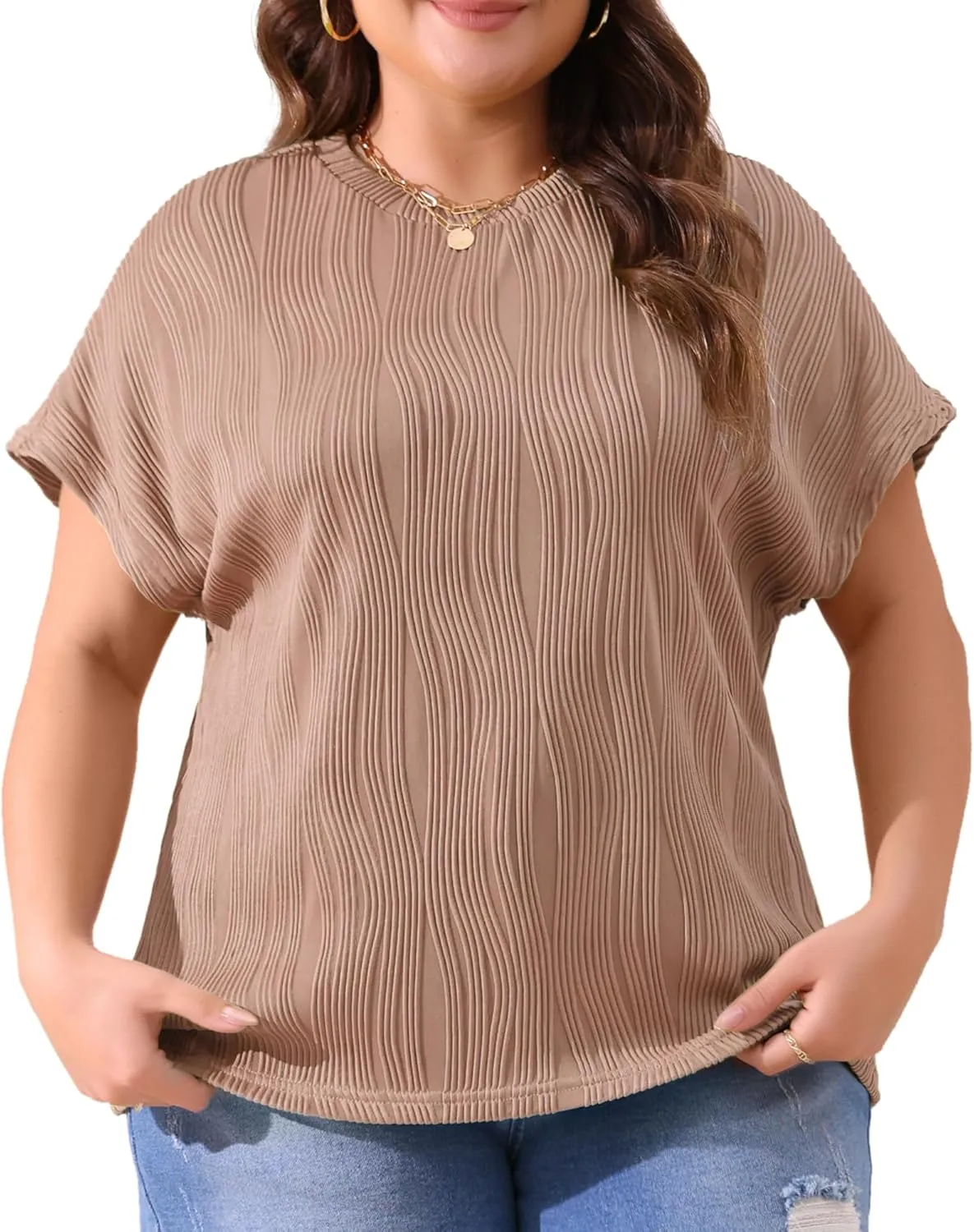 Agnes Orinda Plus Size Women's Short Sleeve Textured Tops Crewneck Solid Loose Casual Basic t Shirts Blouses Tee