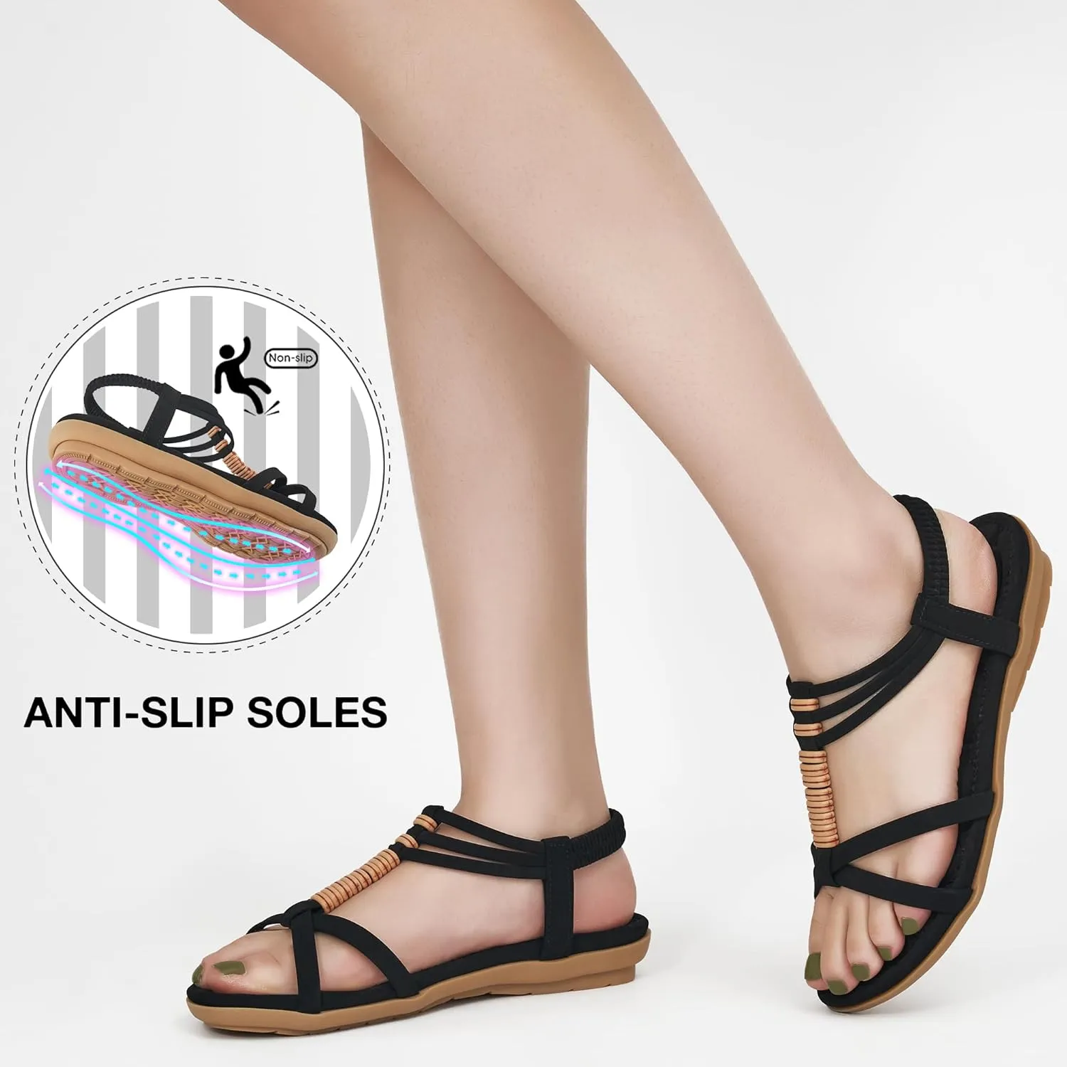 Alicegana Womens Sandals Summer Dressy Gladiator Flat Comfortable Walking Shoes Non Slip Casual Beach Ladies Sandal