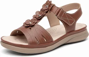 ALLOT Women's Arch Support Flat Sandals Low Wedge Heel Comfortable Dressy Summer Slides With Flowers