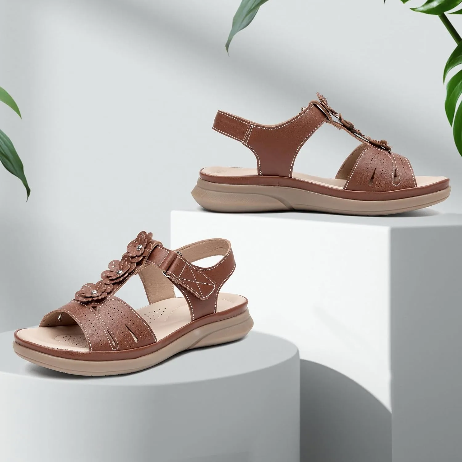 ALLOT Women's Arch Support Flat Sandals Low Wedge Heel Comfortable Dressy Summer Slides With Flowers