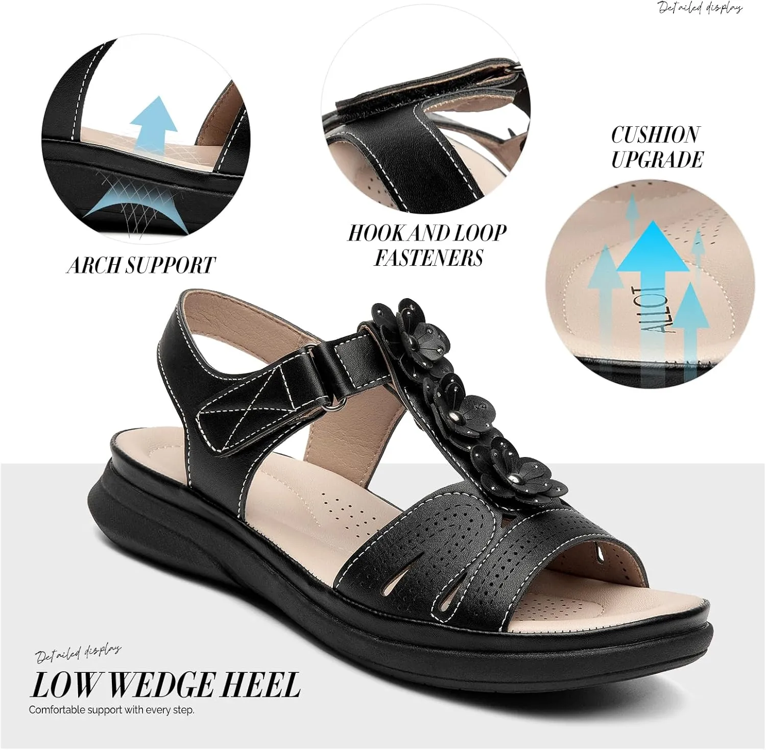 ALLOT Women's Arch Support Flat Sandals Low Wedge Heel Comfortable Dressy Summer Slides With Flowers