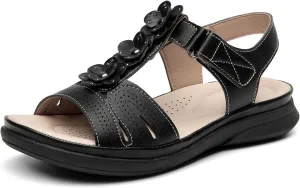 ALLOT Women's Arch Support Flat Sandals Low Wedge Heel Comfortable Dressy Summer Slides With Flowers