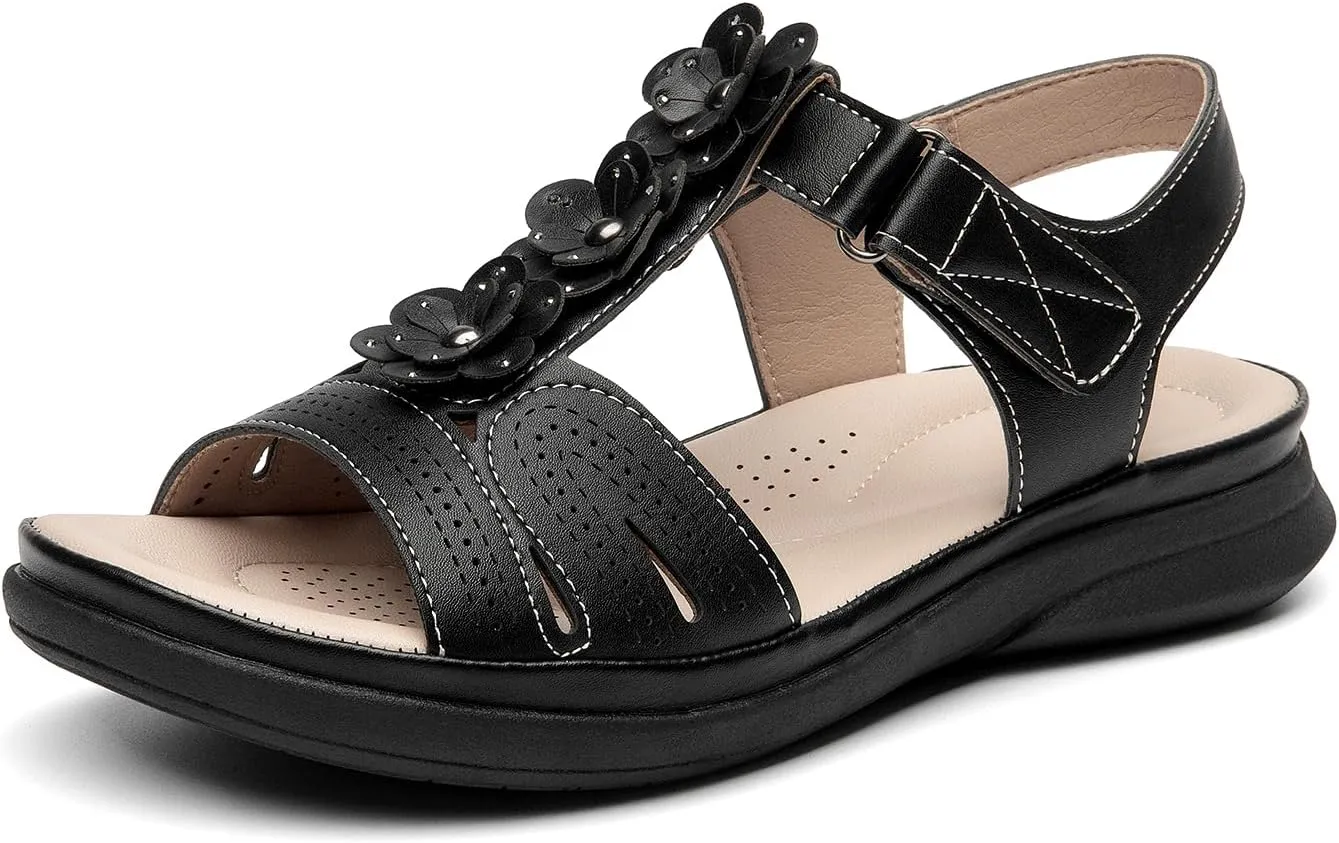 ALLOT Women's Arch Support Flat Sandals Low Wedge Heel Comfortable Dressy Summer Slides With Flowers