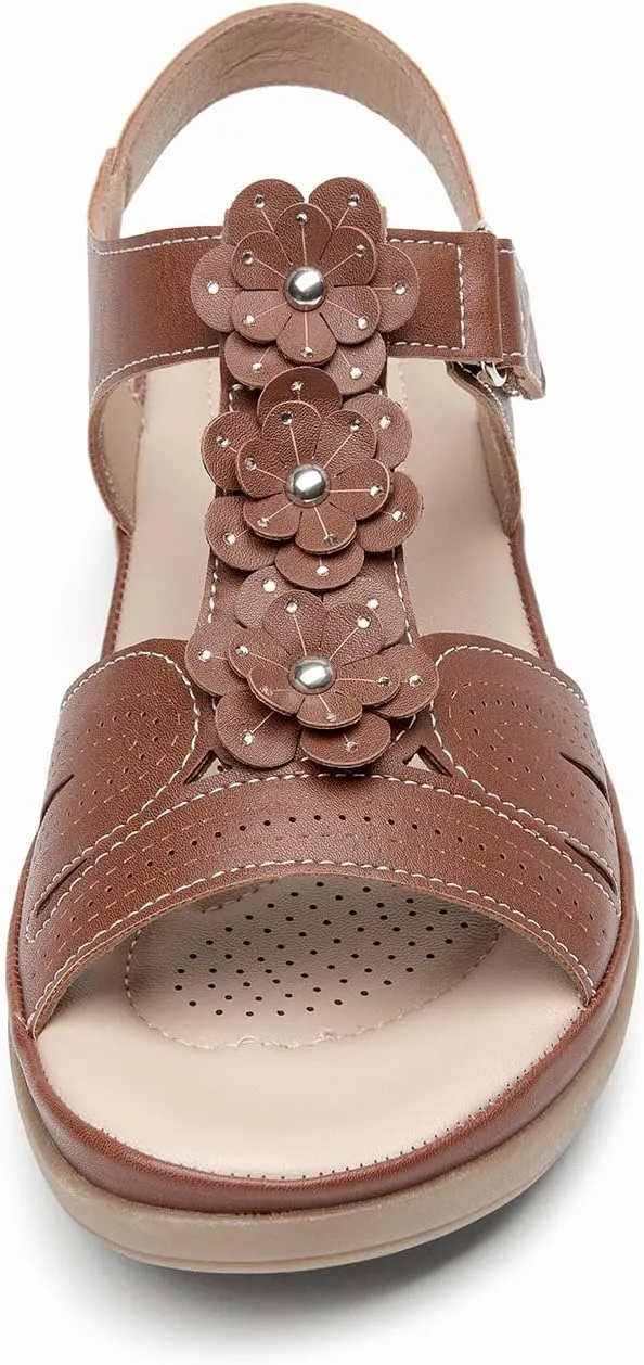 ALLOT Women's Arch Support Flat Sandals Low Wedge Heel Comfortable Dressy Summer Slides With Flowers