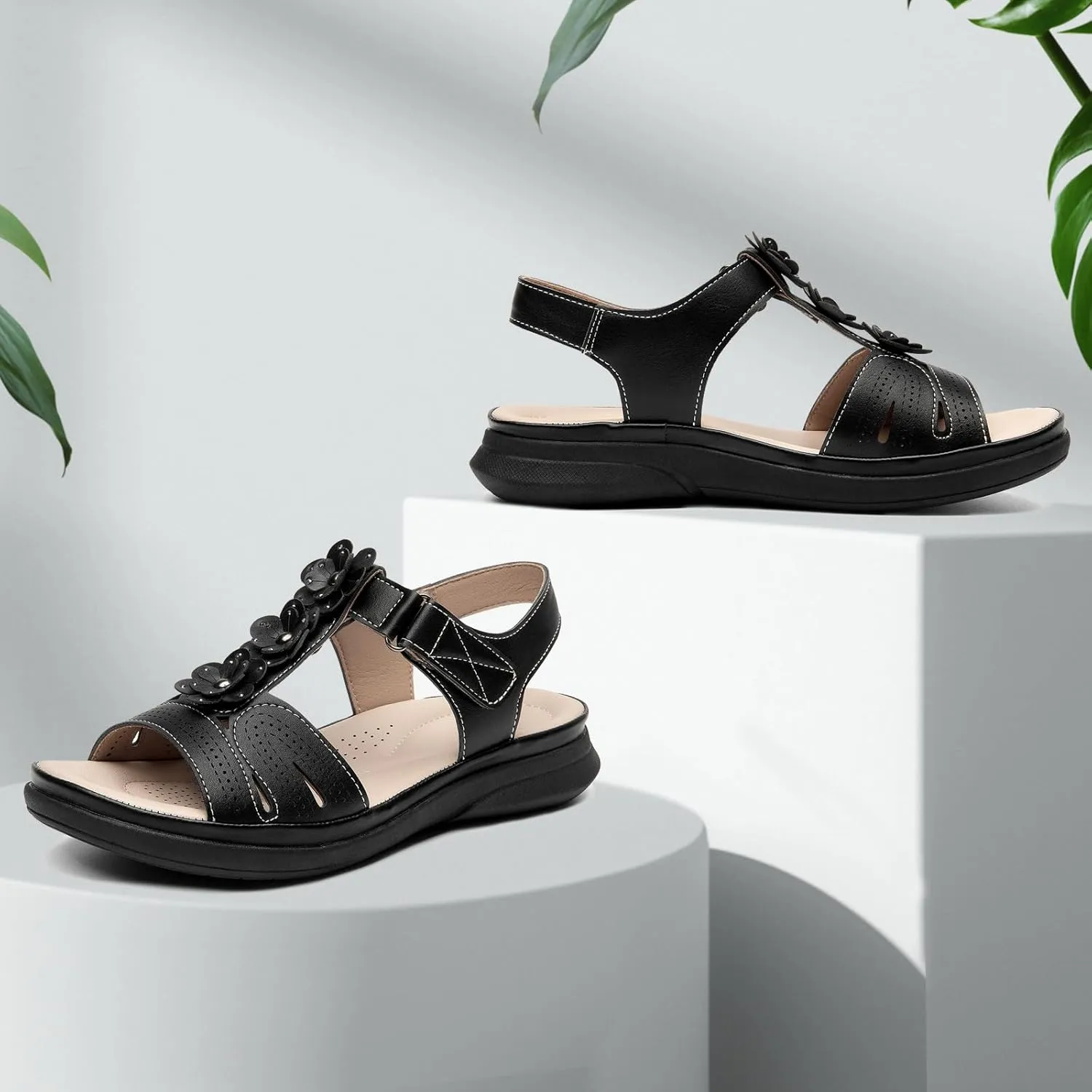 ALLOT Women's Arch Support Flat Sandals Low Wedge Heel Comfortable Dressy Summer Slides With Flowers