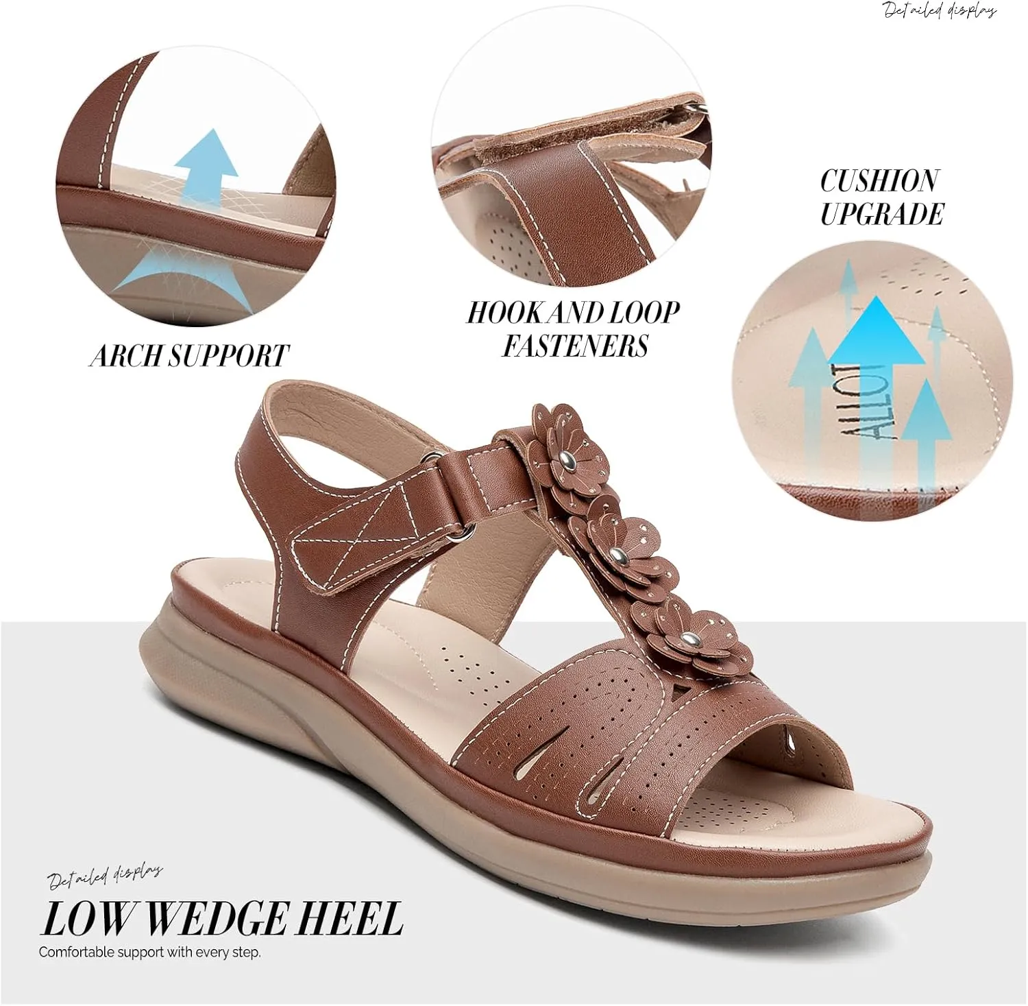 ALLOT Women's Arch Support Flat Sandals Low Wedge Heel Comfortable Dressy Summer Slides With Flowers