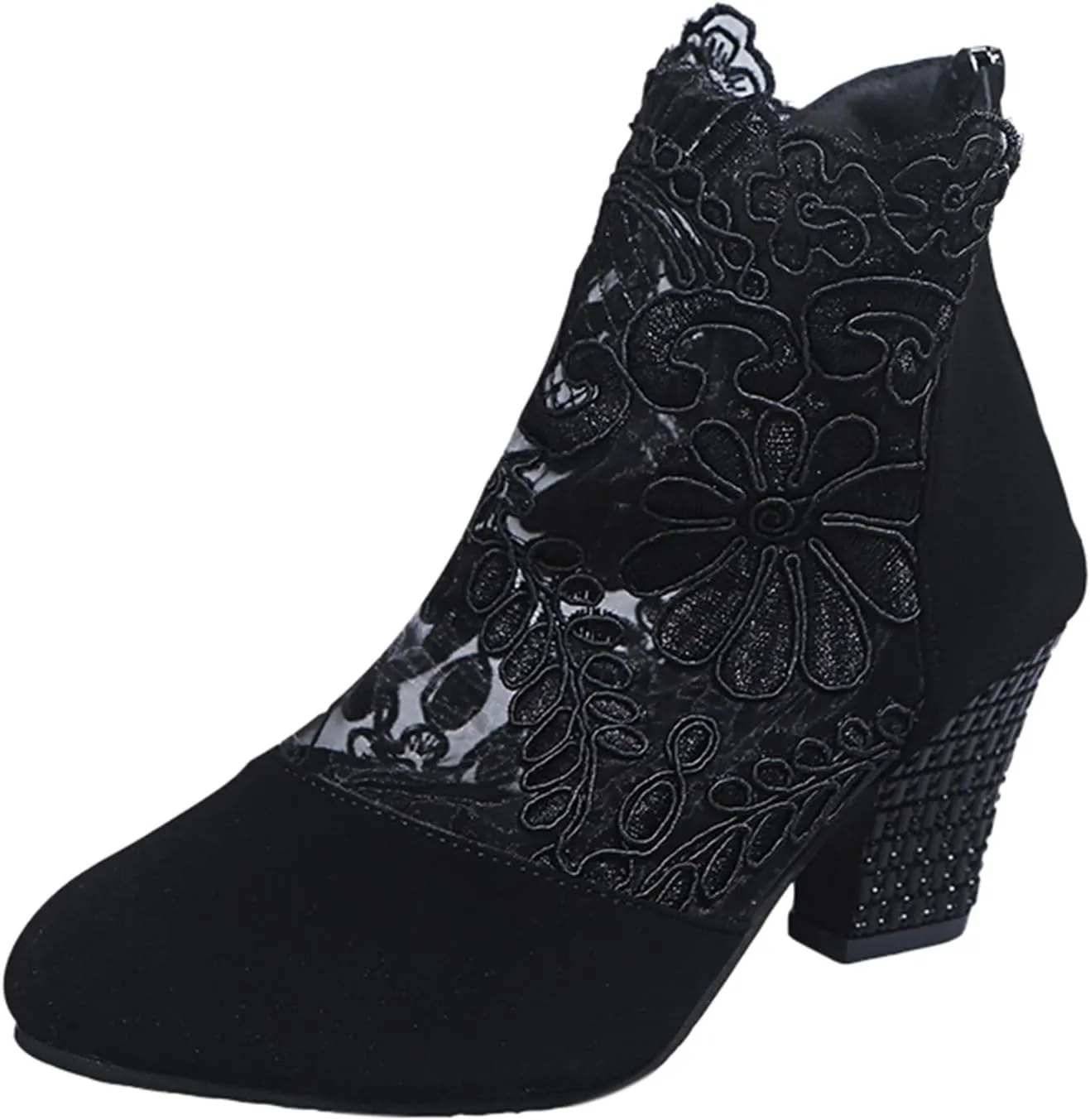 AMDBEL Summer Sandals for Women 2025,Fashion Floral Embroidery Sheer Mesh Block High Heel Sandals Closed Toe Back Zip Sandals