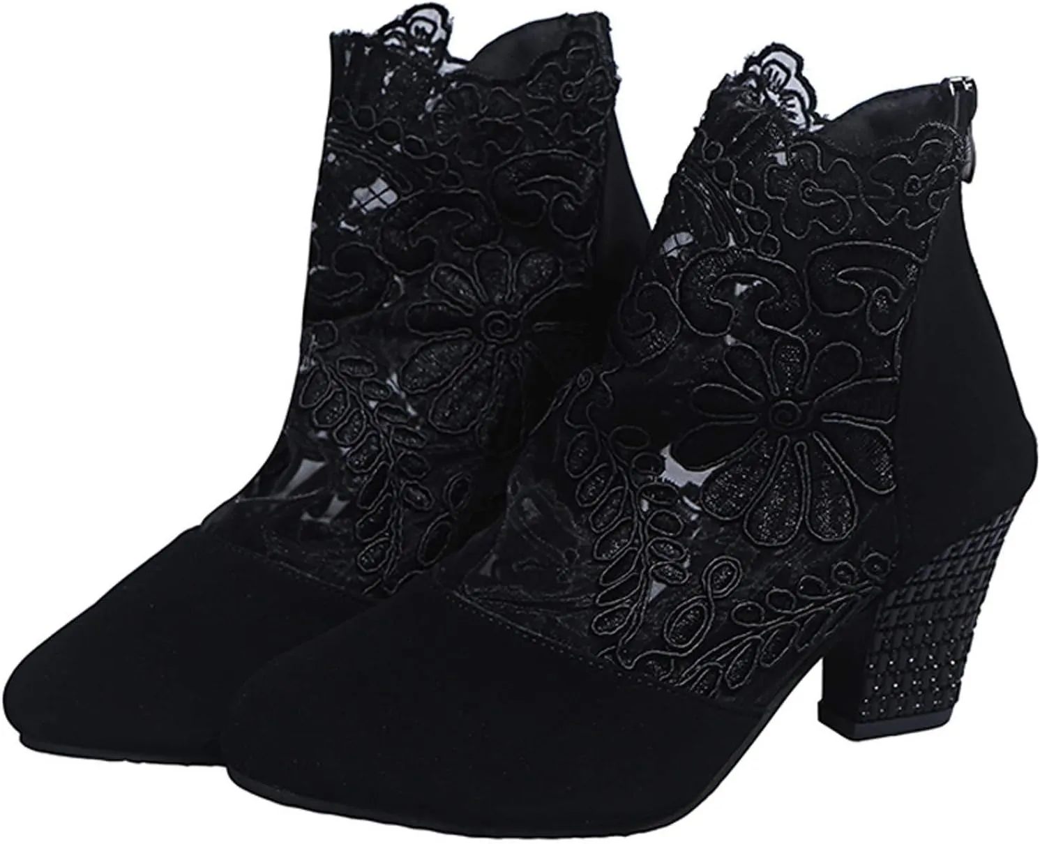 AMDBEL Summer Sandals for Women 2025,Fashion Floral Embroidery Sheer Mesh Block High Heel Sandals Closed Toe Back Zip Sandals