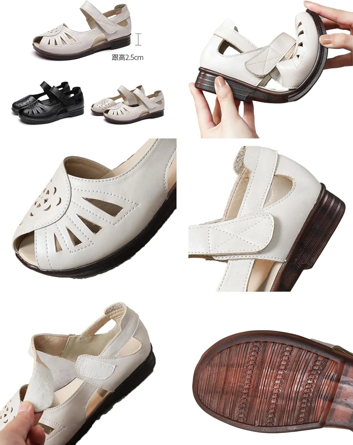 AngryMonkey Women's Leather Peep Toe Sandals,Summer Comfort Breathable Non-slip Softsole Mary Jane Casual Oxford Dress Shoes