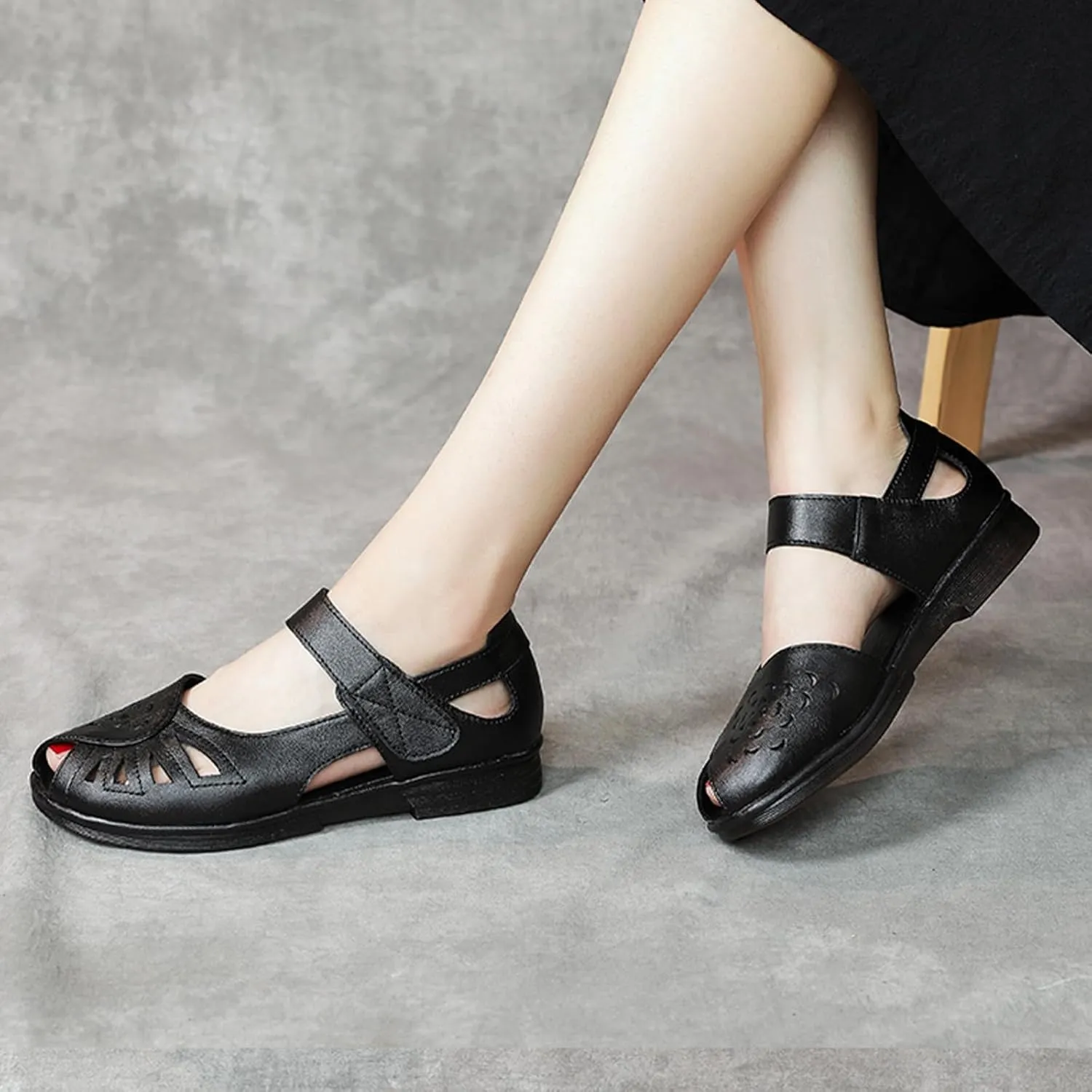 AngryMonkey Women's Leather Peep Toe Sandals,Summer Comfort Breathable Non-slip Softsole Mary Jane Casual Oxford Dress Shoes