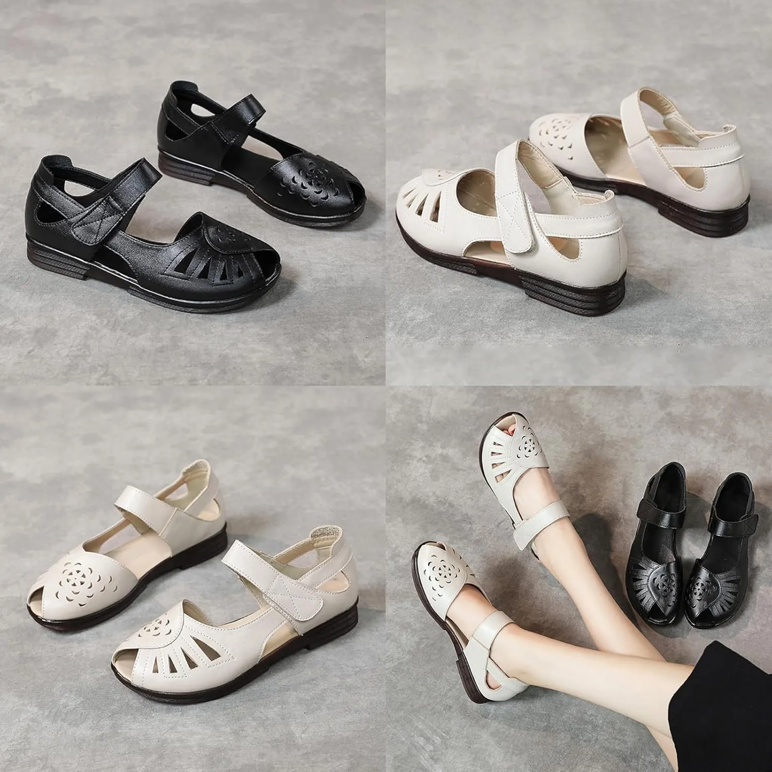 AngryMonkey Women's Leather Peep Toe Sandals,Summer Comfort Breathable Non-slip Softsole Mary Jane Casual Oxford Dress Shoes