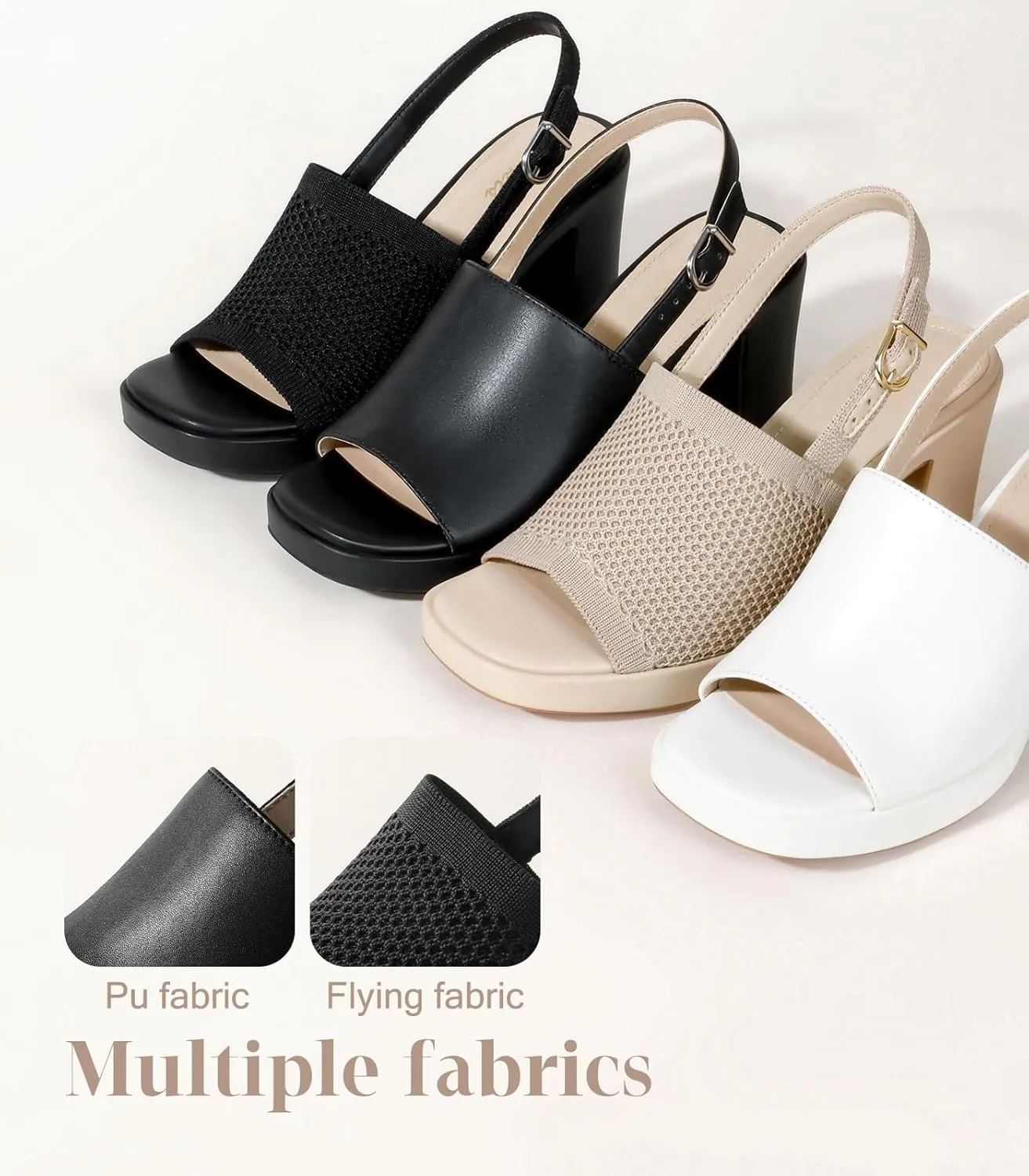 Ankis Black White Nude Heels Platform Heeled Sandals Knit Chunky Block Elastic Slingback Open Toe Ankle Strappy Heels