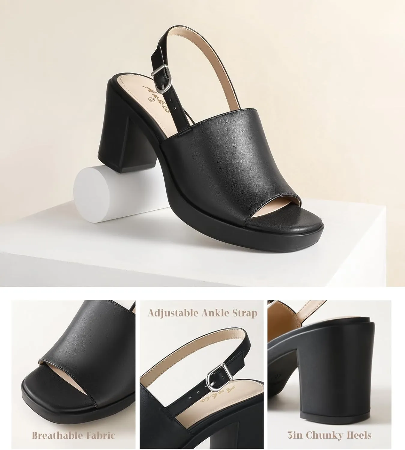 Ankis Black White Nude Heels Platform Heeled Sandals Knit Chunky Block Elastic Slingback Open Toe Ankle Strappy Heels