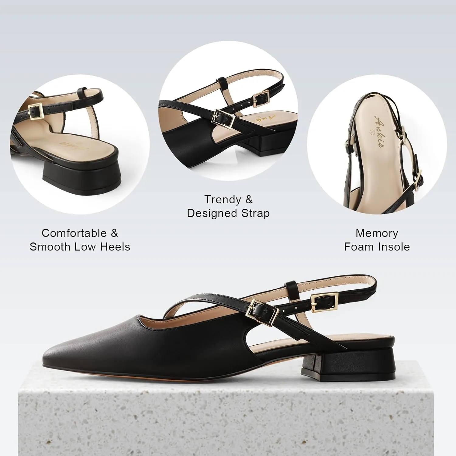 Ankis Slingback Flats for Women 1Inch Low Heels Closed Pointed Toe Ankle Strap Pumps Comfortable Walking Wedding Party Dress Shoes