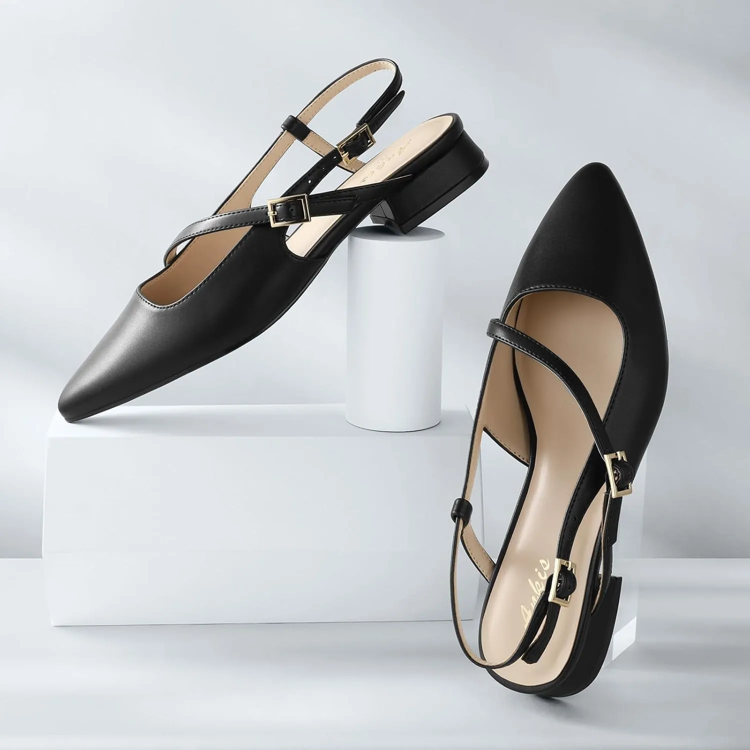 Ankis Slingback Flats for Women 1Inch Low Heels Closed Pointed Toe Ankle Strap Pumps Comfortable Walking Wedding Party Dress Shoes