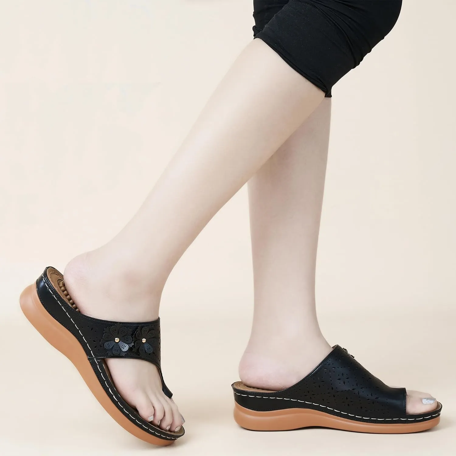Aomigoct Sandals for Women Wedge Shoes: Double Flowers Decor Comfortable Orthopedic Sandals Womens Dressy Summer Flip Flops Casual Walking Wedges