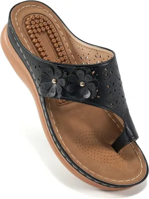 Aomigoct Sandals for Women Wedge Shoes: Double Flowers Decor Comfortable Orthopedic Sandals Womens Dressy Summer Flip Flops Casual Walking Wedges