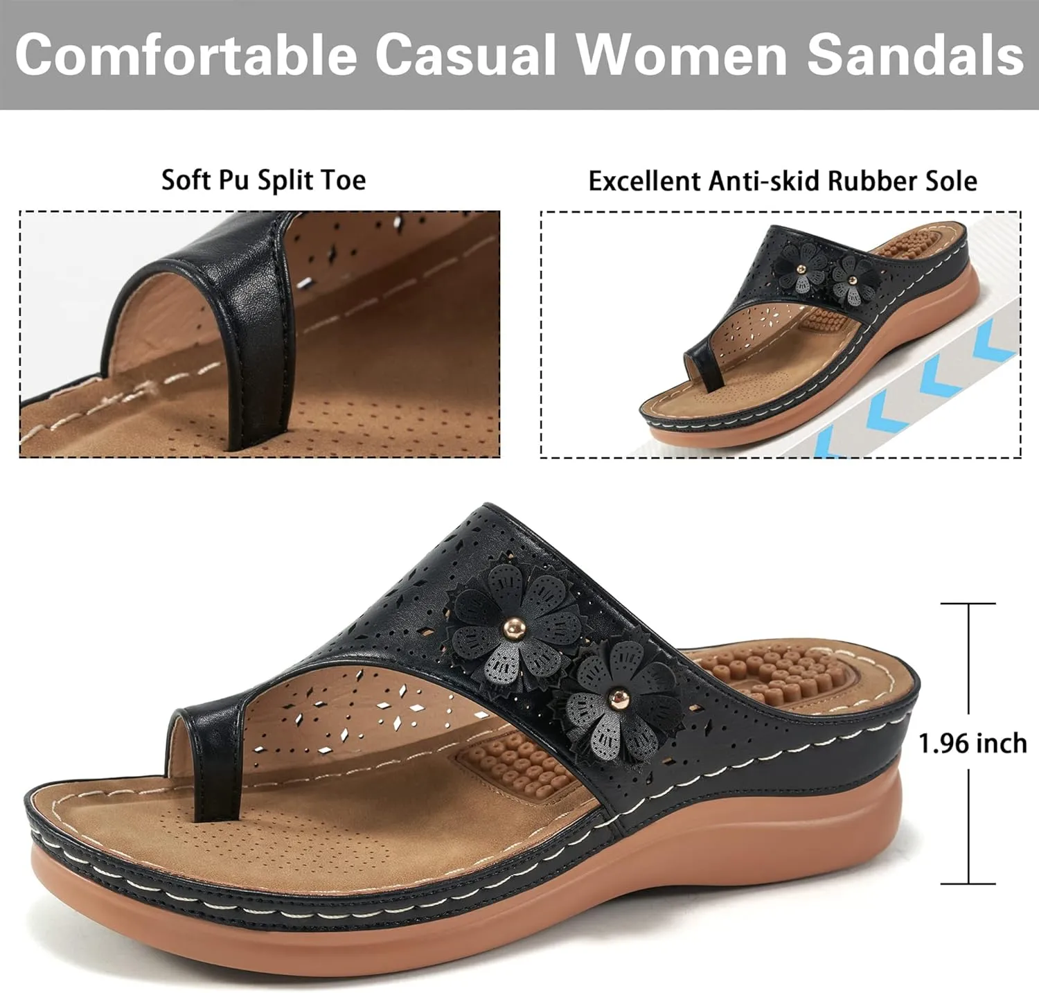 Aomigoct Sandals for Women Wedge Shoes: Double Flowers Decor Comfortable Orthopedic Sandals Womens Dressy Summer Flip Flops Casual Walking Wedges