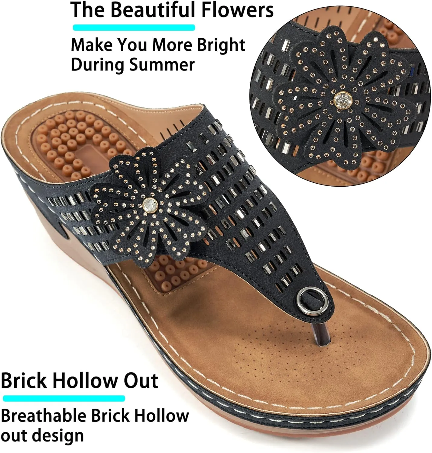 Aomigoct Wedge Sandals Women Flip Flops with High Increased Flower Platform Sandals for Women Dressy Summer Wedge Shoes Cushion FootBed Comfort Flip Flops
