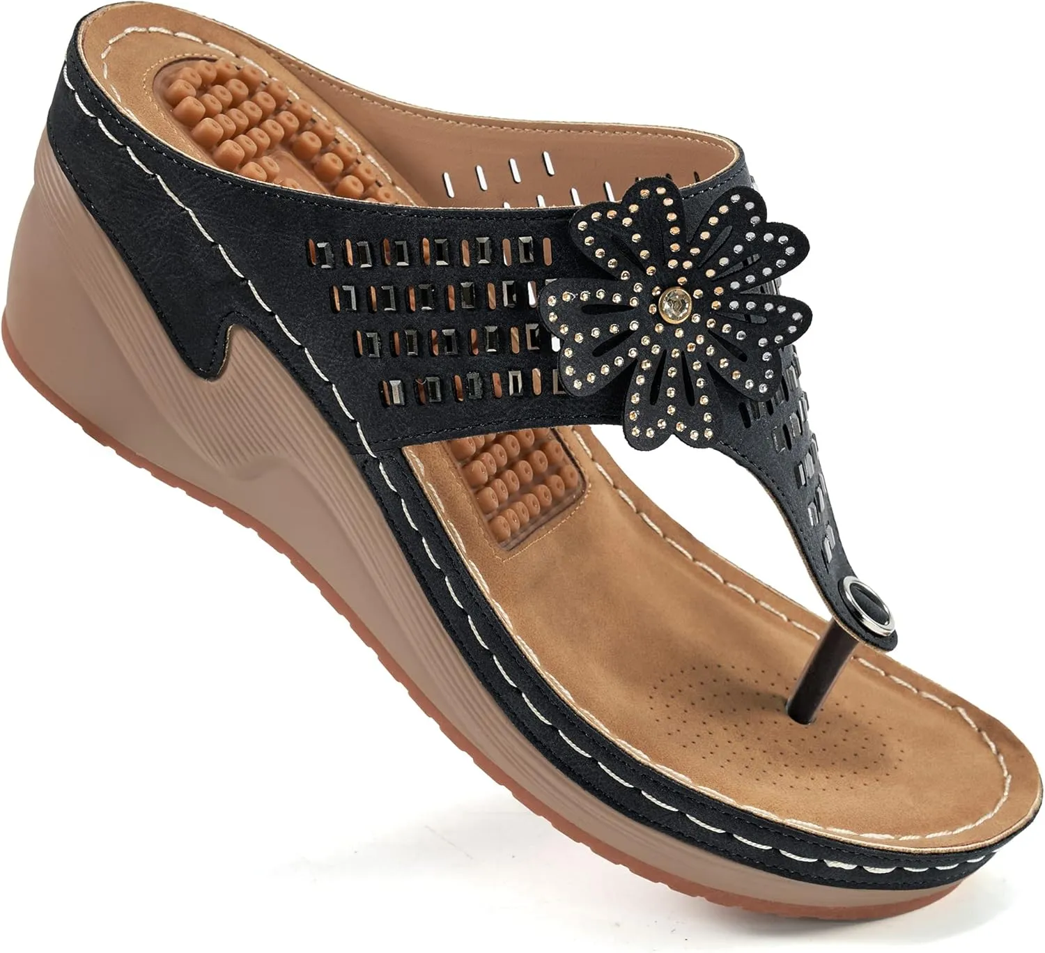 Aomigoct Wedge Sandals Women Flip Flops with High Increased Flower Platform Sandals for Women Dressy Summer Wedge Shoes Cushion FootBed Comfort Flip Flops