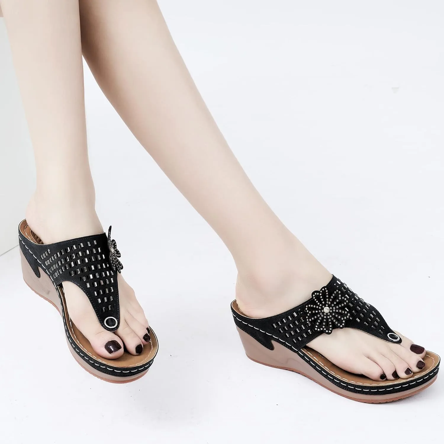 Aomigoct Wedge Sandals Women Flip Flops with High Increased Flower Platform Sandals for Women Dressy Summer Wedge Shoes Cushion FootBed Comfort Flip Flops