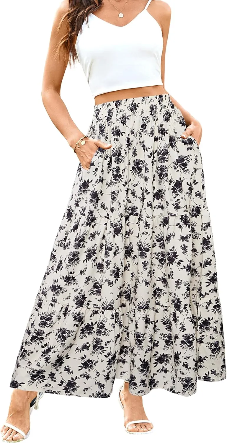 Arolina Maxi Skirt for Women Summer Boho Elastic High Waist Pleated A-Line Flowy Ruffle Swing Tiered Long Beach Skirt Dress