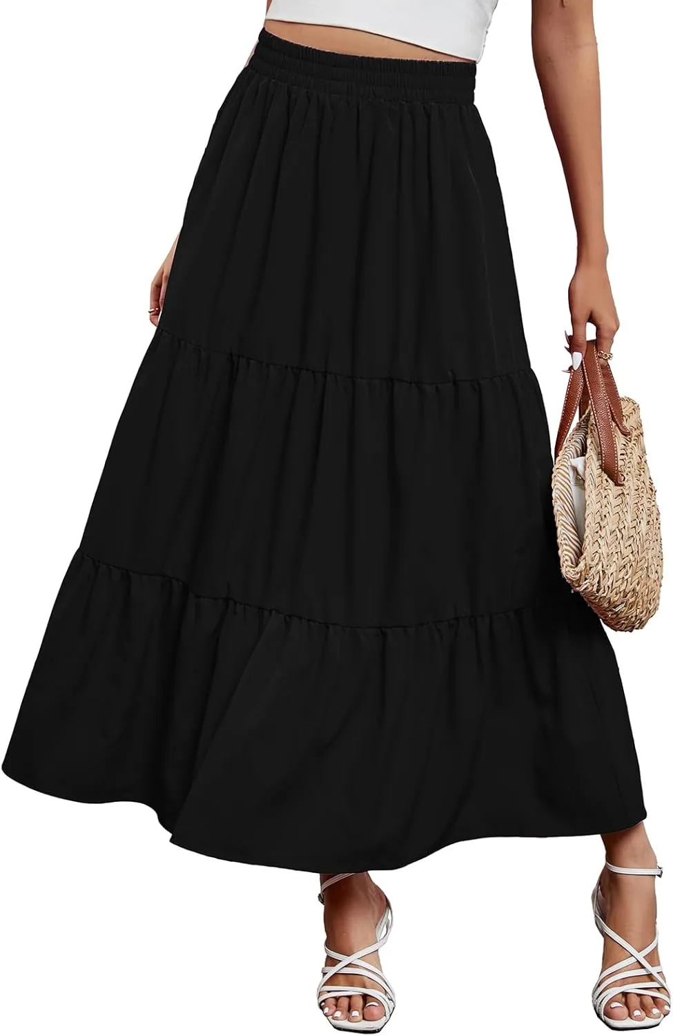 Arolina Maxi Skirt for Women Summer Boho Elastic High Waist Pleated A-Line Flowy Ruffle Swing Tiered Long Beach Skirt Dress