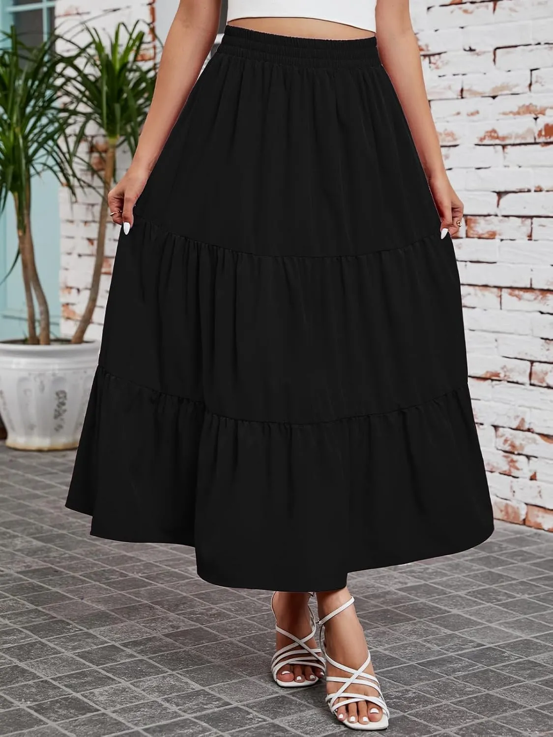 Arolina Maxi Skirt for Women Summer Boho Elastic High Waist Pleated A-Line Flowy Ruffle Swing Tiered Long Beach Skirt Dress