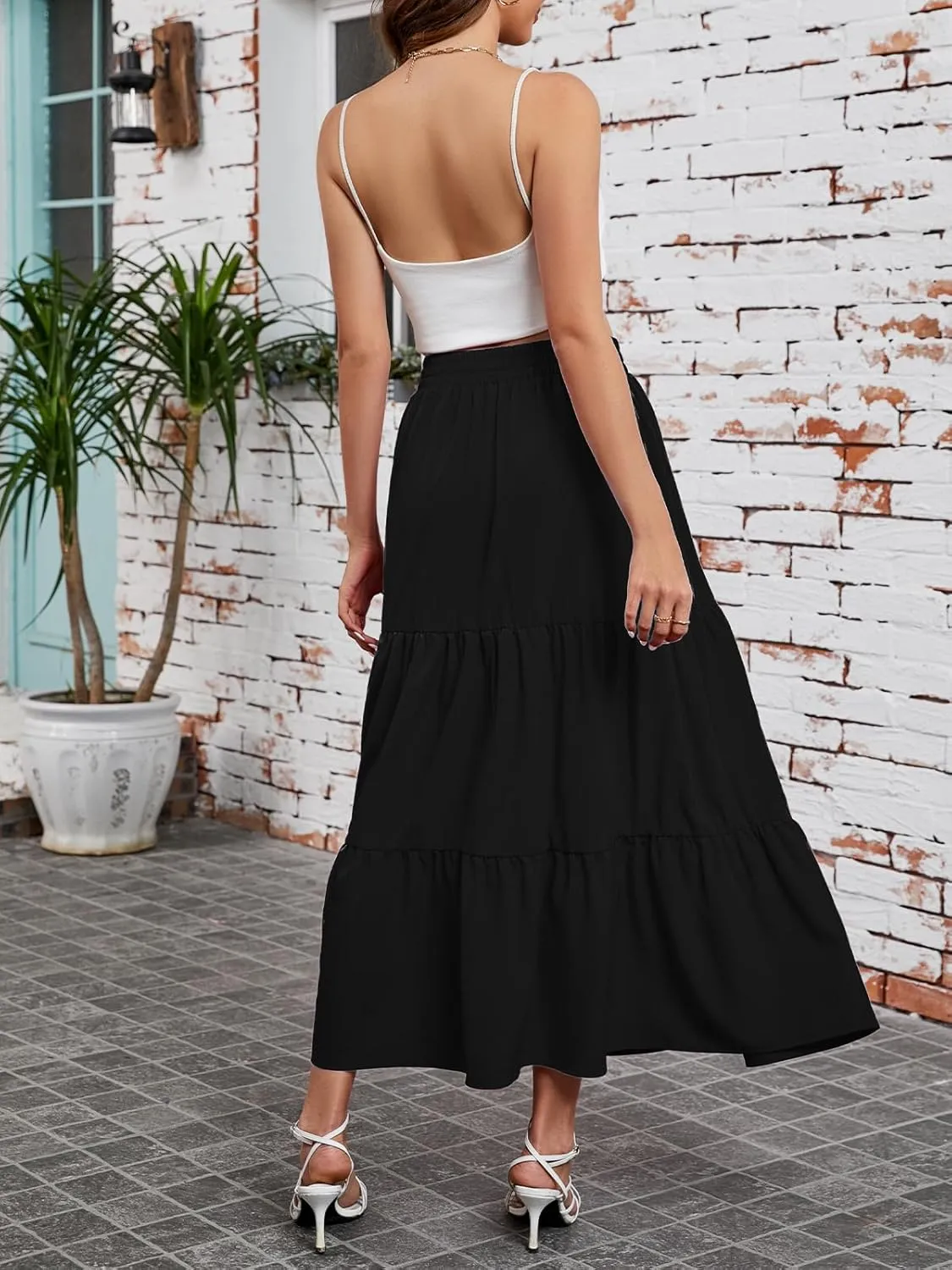 Arolina Maxi Skirt for Women Summer Boho Elastic High Waist Pleated A-Line Flowy Ruffle Swing Tiered Long Beach Skirt Dress
