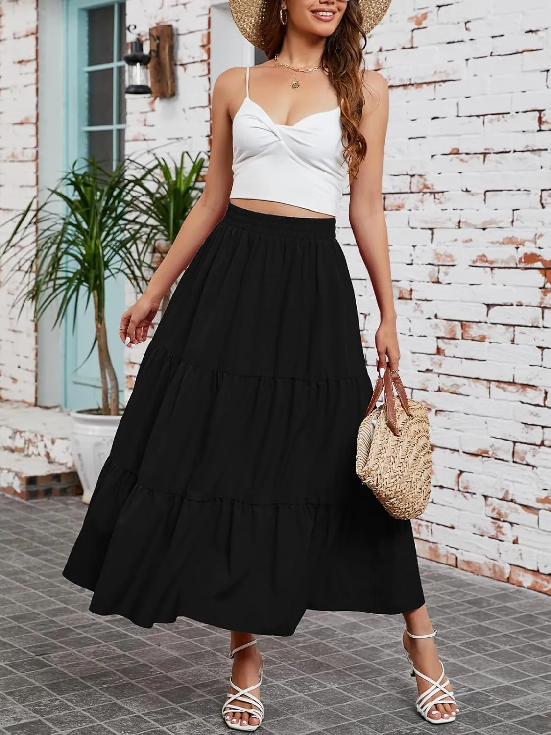Arolina Maxi Skirt for Women Summer Boho Elastic High Waist Pleated A-Line Flowy Ruffle Swing Tiered Long Beach Skirt Dress