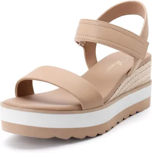 Athlefit Wedge Sandals for Women Comfortable Platform Sandals Espadrille Dressy Open Toe Leather Ankle Strap Casual Nude Sandals Size 7