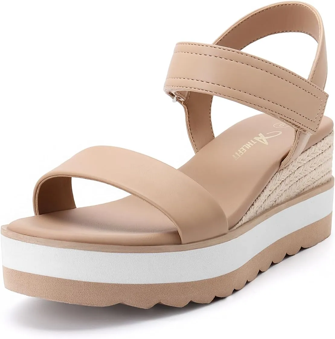 Athlefit Wedge Sandals for Women Comfortable Platform Sandals Espadrille Dressy Open Toe Leather Ankle Strap Casual Nude Sandals Size 7
