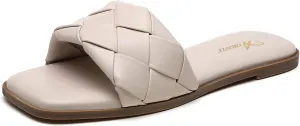 Athlefit Women's Braided Flat Sandals Square Open Toe Woven Slip On Slide Sandals