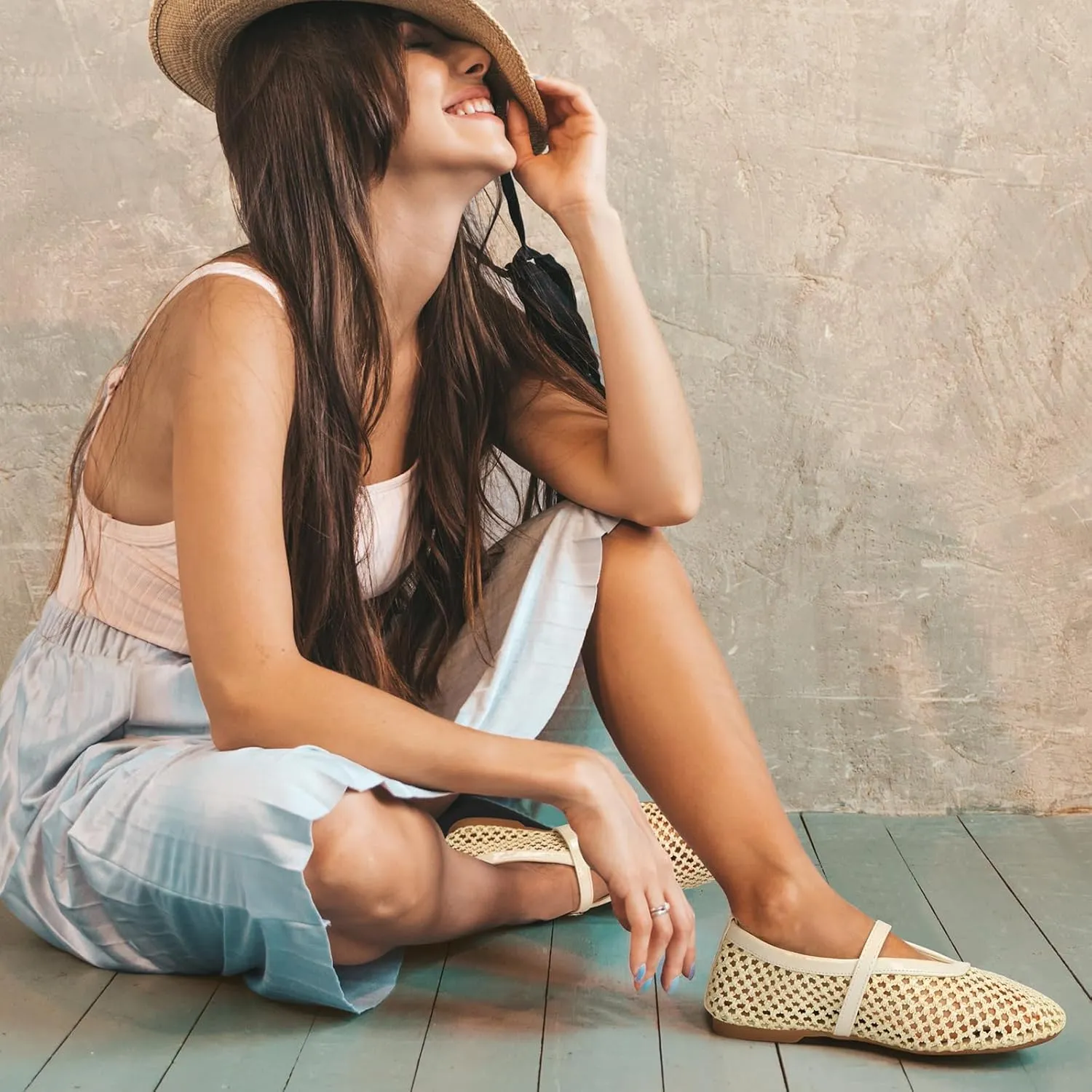 ATHMILE Mesh Ballet Flats for Women Buckle Strap Flat Heel Ballerina Shoes Summer Dress Sandals