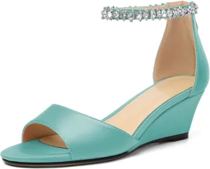 AUMOTED Women Wedge Sandals Peep Open Toe Mid Low Heel Slip-on Slingback Double Elastic Band Heeled Dress Summer Shoes 2 Inch